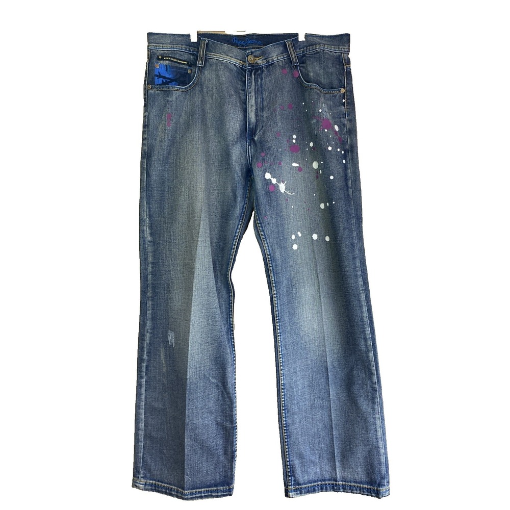 Pepe Jeans Mens 36 Straight Leg Blue Paint Splatter Barbed Wire Graphic Denim